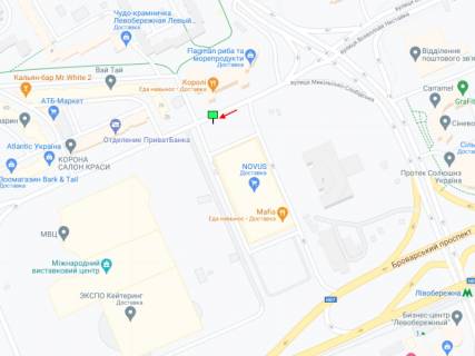 Билборд B в Киеве Микільсько-Слобідська вул., 1, біля супермаркету "Новус", від Шептицького вул. (колиш. Луначарського вул.) до МВЦ схема