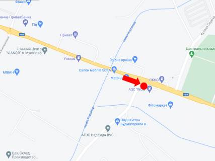 Билборд A в Мукачеве, 3x6  Масарика вул. (колиш. Матросова вул.) -  вул. Сороча, біля супермаркету "Сильверленд" схема