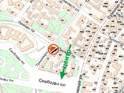 Видеоборд A в Харькове просп. Незалежності (просп. Правди) 8 - Тринклера ул., в центр, стоимость за 60 выходов в час ролика длительностью - 8 сек. - 291708 схема