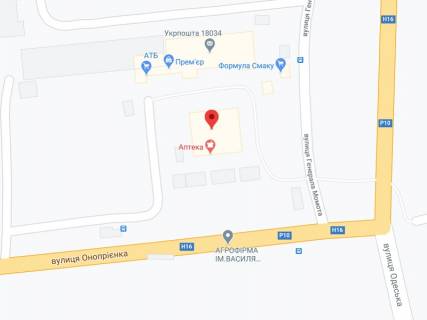 Видеоборд A у Черкасах Онопрієнка вул., 2/2, аптека "Вітамін", прайс за ролик 10 сек 1 вихід/5 хвилин, з 8:00-22:00. Розрахунок для інших параметрів трансляції уточнюйте у менеджера. - 301595 схема