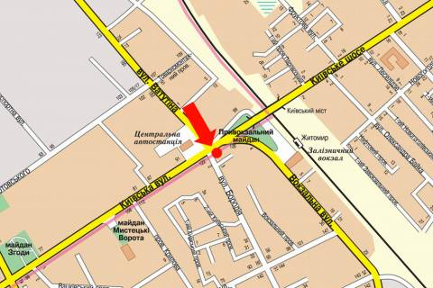 Billboard A in Zhytomyr, 3x6  Kiivs'ka st., 122 / Petluri st. (kol. Borodia st.), bila avtovokzalu scheme