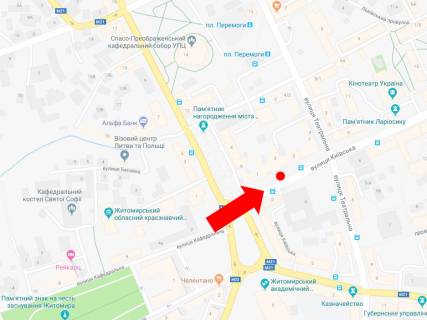 Ситилайт  в Житомире, 1.8x1.2  Київська вул., 3, зупинка "Готель" Україна ", в сторону вул. Театральної схема