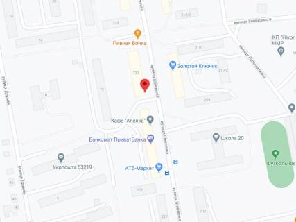Видеоборд A в Никополе Шевченка вул., 233, аптека "Мед Сервіс", №Дп054, прайс за ролик 10 сек 1 вихід/5 хвилин, з 8:00-22:00. Розрахунок для інших параметрів трансляції уточнюйте у менеджера. - 301469 схема