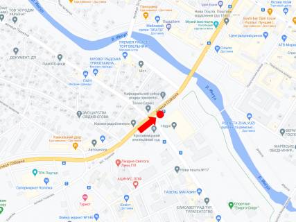 Білборд, Бігборд (Борд)   у Кропивницький (Кіровоград), 3x6  В. Перспективна вул. (кол. Маркса вул.) / проспект Європейський (Велика Пермська)., біля спортивної школи "Надія", в бік центрального ринку схема