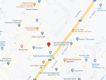 Видеоборд A в Обухове Миру вул., 10, аптека "Вітамін", прайс за ролик 10 сек 1 вихід/5 хвилин, з 8:00-22:00. Розрахунок для інших параметрів трансляції уточнюйте у менеджера. - 301474 схема