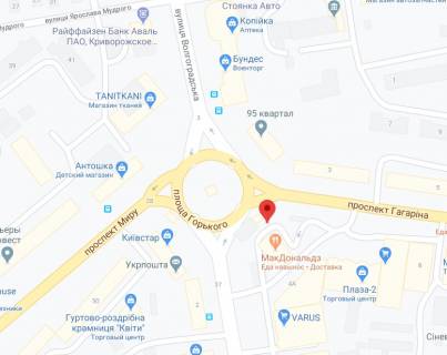 Видеоборд A в Кривом Роге Горького пл. - Гагаріна 4г, майдан 95-й квартал (пл. Горького)., прайс за ролик 10 сек, 1 вихід / 5хвилин c 8:00 до 21:00. Розрахунок інших параметрів уточнюйте у менеджера. - 292445 схема