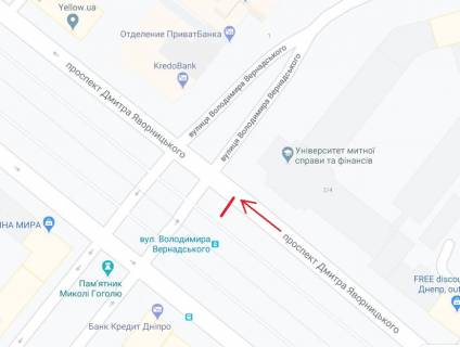 Бэклайт A в Днепр (Днепропетровск), 3.14х2.32  просп. Дмитра Яворницького (Карла Маркса) - вул. Володимира Вернадського (Дзержинського), напрямок руху в центр схема