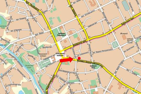 Citylight  in Zhytomyr, 1.8x1.2  Berdicivs'ka st., 7 / Teatral'na st., bila magazinu "Brejn", Avtodoroznogo koledzu, na svitlofori scheme