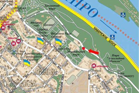 Сiтiлайт  у Києві, 1.8x1.2  Паркова дорога вул., 3/5, за КВЦ "Парковий", поворот на ресторан "Курені", в бік Грушевського вул., Європейської пл. схема