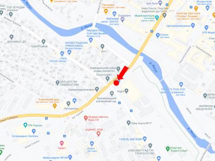 Билборд B в Кропивницкий (Кировоград), 3x6  В. Перспективна вул. (кол. Маркса вул.) / проспект Європейський (Велика Пермська)., біля спортивної школи "Надія", з центру схема