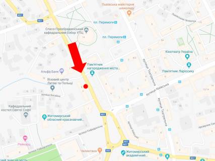 Ситилайт A в Житомире, 1.8x1.2  Перемоги вул., 3, зупинка "Перемоги пл.", центр, в сторону вул. Київської схема