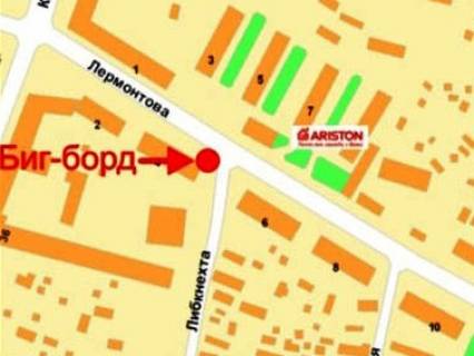 Билборд B в Кривом Роге, 3x6  Лермонтова вул., 4 - Німецька (кол. Либкнехта) вул., у бік Визволення пл. схема