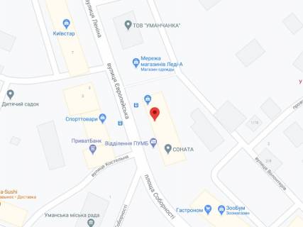Видеоборд A в Умане вул. Європейська (кол. Леніна)., 8, аптека "Конекс", прайс за ролик 10 сек 1 вихід/5 хвилин, на двосторонньому екрані, від 144 виходів на день. Розрахунок для інших параметрів трансляції уточнюйте у менеджера. - 301571 схема