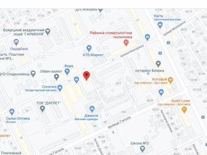 Видеоборд A в Боярке Молодіжна вул., 59, аптека "Мед Сервіс", №К003, прайс за ролик 10 сек 1 вихід/5 хвилин, з 8:00-22:00. Розрахунок для інших параметрів трансляції уточнюйте у менеджера. - 301249 схема