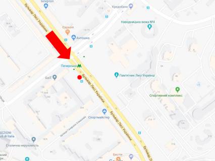 Видеоборд A у Києві, 2.3x3.14  Українки бул., 26 / ул.Алмазова (колиш. Вул. Кутузова), на світлофорі, біля "KFC", ст. м. "Печерська", з центру - 228739 схема