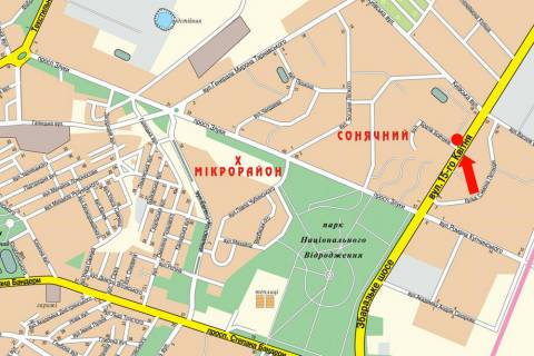 Білборд, Бігборд (Борд)   у Тернополі, 3x6  15-го Квітня вул. / Бойчуків вул., біля ТЦ "Рай Центр", супермаркету "Сільпо", з центру схема