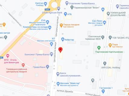 Видеоборд A у Токмаку Центральна вул., 30, аптека "Мед Сервіс", №Дн119, прайс за ролик 10 сек 1 вихід/5 хвилин, з 8:00-22:00. Розрахунок для інших параметрів трансляції уточнюйте у менеджера. - 301526 схема