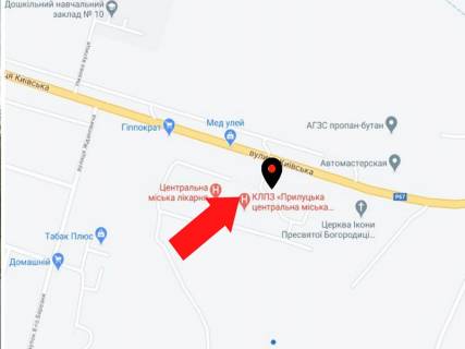Билборд A в Прилуках Київська вул., 56, перед в'їздом в приймальне відділення КЛПЗ «Прилуцька центральна міська лікарня» схема