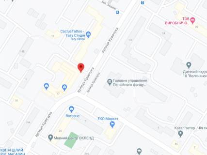 Видеоборд A у Луцьку Кравчука вул., 17, аптека "Волиньфарм", прайс за ролик 10 сек 1 вихід/5 хвилин, на двосторонньому екрані, від 144 виходів на день. Розрахунок для інших параметрів трансляції уточнюйте у менеджера. - 301430 схема