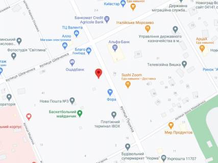 Видеоборд A в Звягель (Новоград-Волынский) Пушкіна вул., 4а, аптека "Мед Сервіс", №К029, прайс за ролик 10 сек 1 вихід/5 хвилин, з 8:00-22:00. Розрахунок для інших параметрів трансляції уточнюйте у менеджера. - 301472 схема