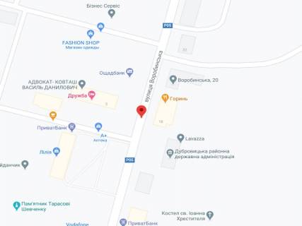 Видеоборд A у Дубровиці Воробинська вул., 14, аптека "Волиньфарм", прайс за ролик 10 сек 1 вихід/5 хвилин, на двосторонньому екрані, від 144 виходів на день. Розрахунок для інших параметрів трансляції уточнюйте у менеджера. - 301215 схема