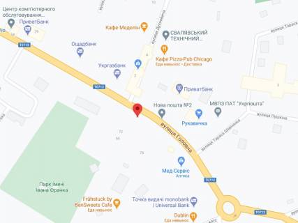 Видеоборд A в Сваляве Головна вул., 76/15, аптека "Мед Сервіс", №Л052, прайс за ролик 10 сек 1 вихід/5 хвилин, з 8:00-22:00. Розрахунок для інших параметрів трансляції уточнюйте у менеджера. - 301511 схема