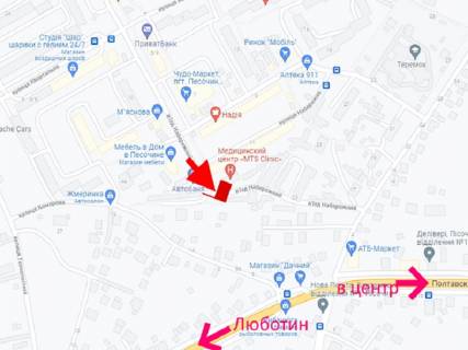 Билборд A в Песочине, 3x4  смт Пісочин, в'їзд Набережний, мікрорайон "Мобіль", в центр схема
