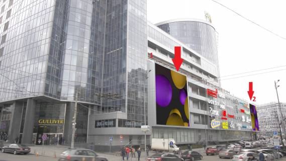 Видеоборд A у Києві Бассейная ул. - Эспланадная ул., ТРЦ «Гулливер», Прайс за 1 мес, 10сек ролик 1вых/12мин с 7 до 22 часов, на 2х экранах, расчеты для других параметров размещения уточняйте у менеджера - 228729 Фото 1
