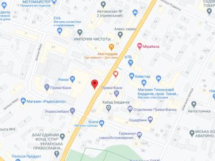 Видеоборд A в Бердичеве Житомирська вул., 13а, аптека "Мед Сервіс", №К025, прайс за ролик 10 сек 1 вихід/5 хвилин, з 8:00-22:00. Розрахунок для інших параметрів трансляції уточнюйте у менеджера. - 301236 схема