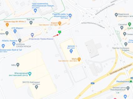 Билборд A в Киеве Микільсько-Слобідська вул., 1, біля супермаркету "Новус", від МВЦ в сторону Митрополита Андрея Шептицького вул. (Луначарського)., до ст. м. "Лівобережна" схема