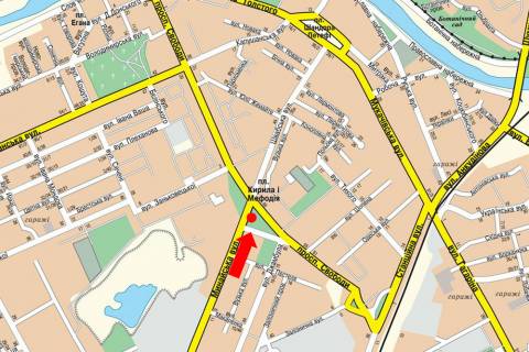 Prismatron, Prism A in Uzhgorod, 3x6  Kirila i Mefodia pl. / Minajs'ka st. / Svobodi av., bila gotelu "Zakarpatta" - 20466 scheme