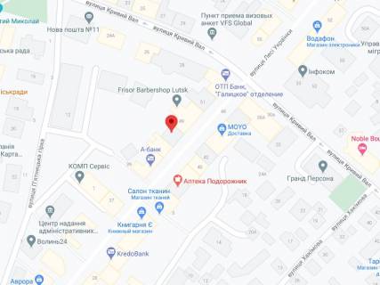 Видеоборд A у Луцьку Українки вул., 47, аптека "Волиньфарм", прайс за ролик 10 сек 1 вихід/5 хвилин, на двосторонньому екрані, від 144 виходів на день. Розрахунок для інших параметрів трансляції уточнюйте у менеджера. - 301422 схема