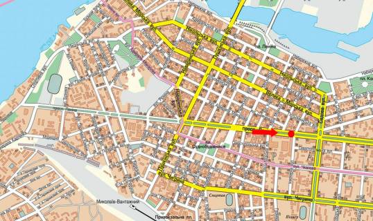 Билборд  в Николаеве, 3x6  Центральний пр. (кол. Леніна пр.) / Інженерна вул., біля ТРЦ "City Center", з центру схема