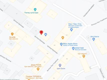 Видеоборд A в Луцке Мялковського Миколи (колишня Крилова) вул., 4/1, аптека "Волиньфарм", прайс за ролик 10 сек 1 вихід/5 хвилин, на двосторонньому екрані, від 144 виходів на день. Розрахунок для інших параметрів трансляції уточнюйте у менеджера. - 301421 схема