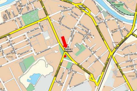 Билборд  в Ужгороде, 3x6  Кирила і Мефодія пл. / Минайська вул. / Свободи пр., біля готелю "Закарпаття", з центру схема