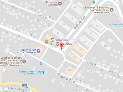Билборд A в Каменское (Днепродзержинск), 6х3  просп. Свободи (Леніна) в районі привокзальної площі, навпроти "Аптеки №63", напрямок до залізничного вокзалу схема