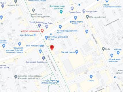 Билборд A в Житомире Небесної Сотні вул. (стара назва Московська вул.), 16, аптека "Мед Сервіс", №К008, прайс за ролик 10 сек 1 вихід/5 хвилин, з 8:00-22:00. Розрахунок для інших параметрів трансляції уточнюйте у менеджера. схема