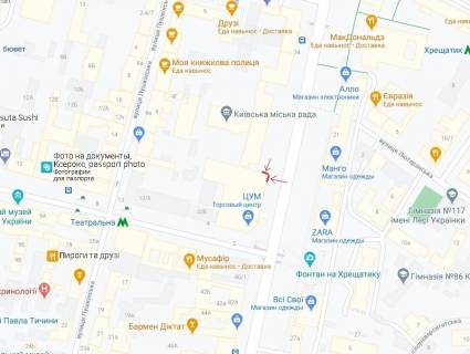 Видеоборд A в Киеве Хрещатик вул., 38, ДВА екрани. Прайс за трансляцію ролика 10 сек 1 раз в 5 хвилин c 7:00 до 23:00 - 301719 схема