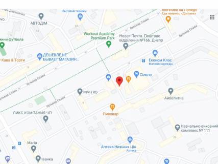 Видеоборд A у Дніпро (Дніпропетровськ) Слави бул., 6б, аптека "Мед Сервіс", №Дп034, прайс за ролик 10 сек 1 вихід/5 хвилин, з 8:00-22:00. Розрахунок для інших параметрів трансляції уточнюйте у менеджера. - 301332 схема
