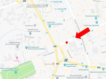 Ситилайт B в Житомире, 1.8x1.2  Київська вул., 2, зупинка "Соборна пл.", біля центру "Vodafone", в сторону Соборної пл. схема
