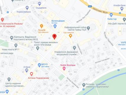Видеоборд A у Луцьку Українки вул., 61, аптека "Мед Сервіс", №Л021, прайс за ролик 10 сек 1 вихід/5 хвилин, з 8:00-22:00. Розрахунок для інших параметрів трансляції уточнюйте у менеджера. - 301439 схема