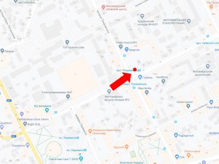 Бэклайт  в Житомире, 2.3x3.14  Михайла Грушевського (Котовського ) вул. - Покровська (Щорса) вул., біля супермаркету "Сільпо", на світлофорі, в сторону вул. Небесної сотні схема