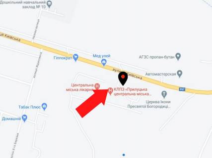 Билборд B в Прилуках Київська вул., 56, перед в'їздом в приймальне відділення КЛПЗ «Прилуцька центральна міська лікарня» схема