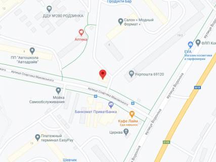 Видеоборд A у Запоріжжі Маковського вул., 2а, аптека "Мед Сервіс", №Дн125, прайс за ролик 10 сек 1 вихід/5 хвилин, з 8:00-22:00. Розрахунок для інших параметрів трансляції уточнюйте у менеджера. - 301356 схема