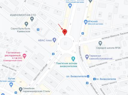 Билборд B в Каменское (Днепродзержинск), 6х3  просп. Свободи (Леніна), 74 - Янголів Перемоги пл. (колиш. Визволителів пл.)  (біля кола розвороту) схема