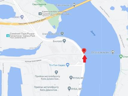 Билборд A в Киеве Набережно-Рибальська вул., Від центру, в сторону ст.м. "Оболонь", правий. Вартість монтажу і демонтажу НЕ ВХОДИТЬ в вартість оренди і оплачується додатково. Подробиці у менеджерів. схема