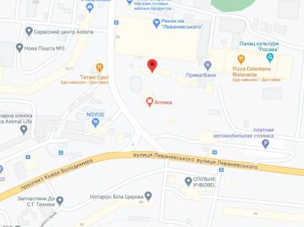 Видеоборд A в Белой Церкви Леваневського вул., 53-Г, аптека "Вітамін", прайс за ролик 10 сек 1 вихід/5 хвилин, на двосторонньому екрані, від 144 виходів на день. Розрахунок для інших параметрів трансляції уточнюйте у менеджера. - 301231 схема