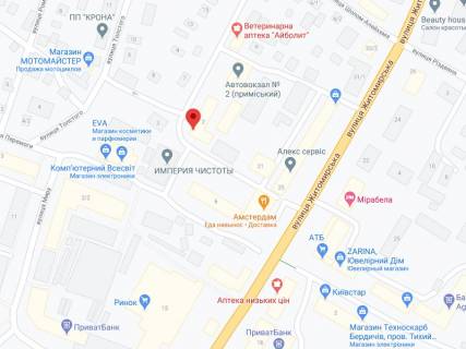Видеоборд A у Бердичеві Маложитомирська вул., 2/8, аптека "Конекс", прайс за ролик 10 сек 1 вихід/5 хвилин, на двосторонньому екрані, від 144 виходів на день. Розрахунок для інших параметрів трансляції уточнюйте у менеджера. - 301234 схема