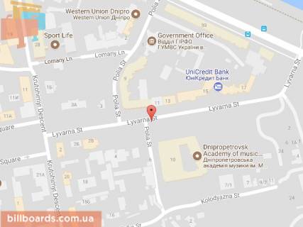 Бэклайт A в Днепр (Днепропетровск), 3.14х2.32  вул. Ливарна, 10 - Січеславська Набережна (Набережна Леніна), Фестивальний причал, Музичне училище, в напрямку з центру схема