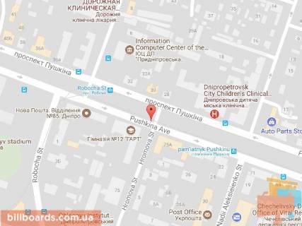 Білборд, Бігборд (Борд)  A у Дніпро (Дніпропетровськ) Лесі Українки (Пушкіна) пр., 75А- Громова вул. схема